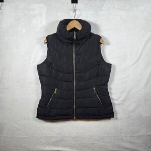 Calvin Klein Women Black Puffer Vest Stand Collar Zip Front Gilet Jacket L